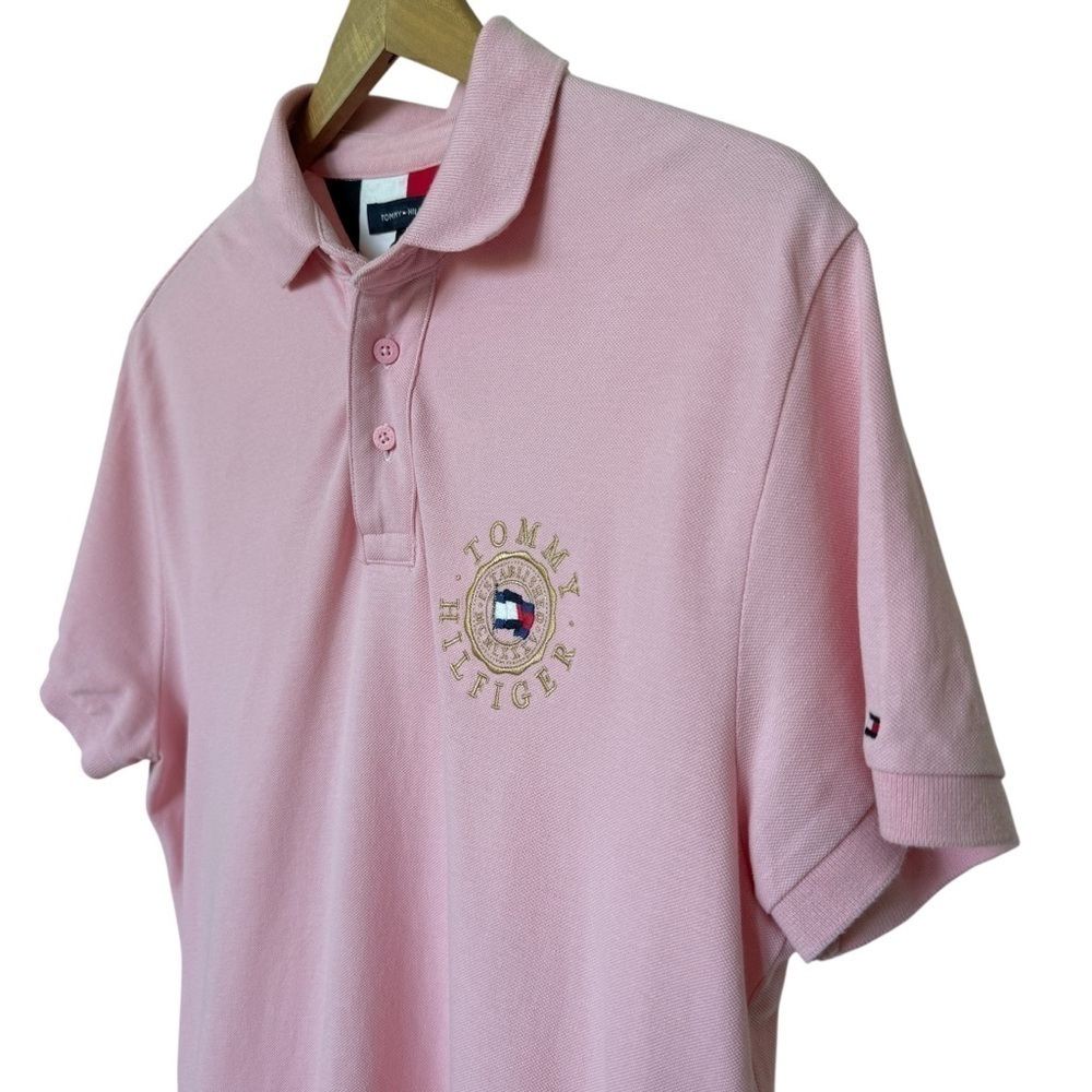 Tommy Hilfiger Men's Pink Polo Shirt M Embroidered Crest Logo Short Sleeve